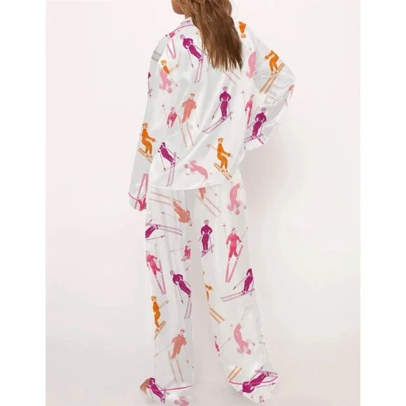 SHESHOW Pajama Set Womens Size M White Multicolor Après Ski Skier Print - Picture 3 of 4